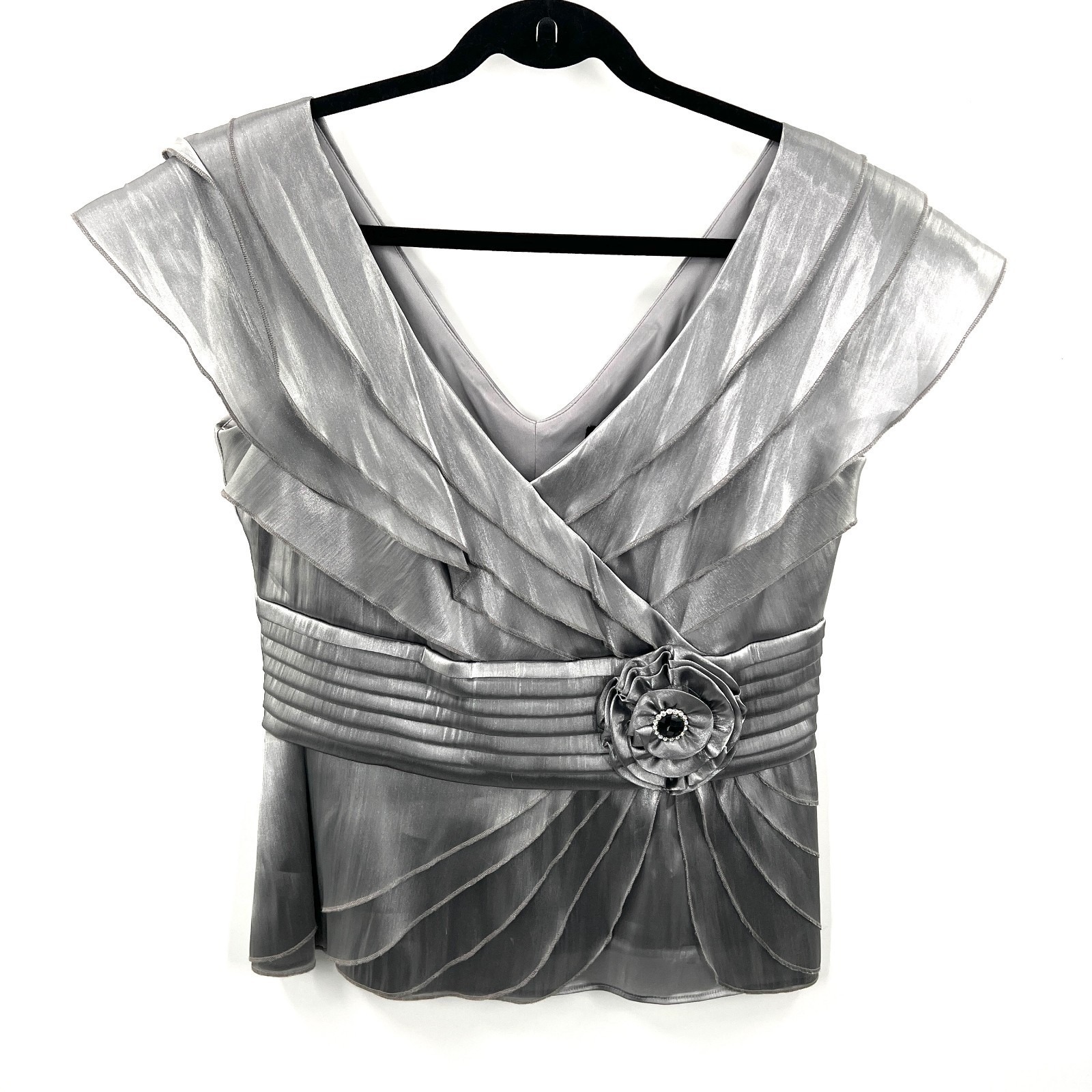 Cachet Silver Y2k Metallic Futuristic Ruffle Cocktail Flower Detail Fancy Top 10